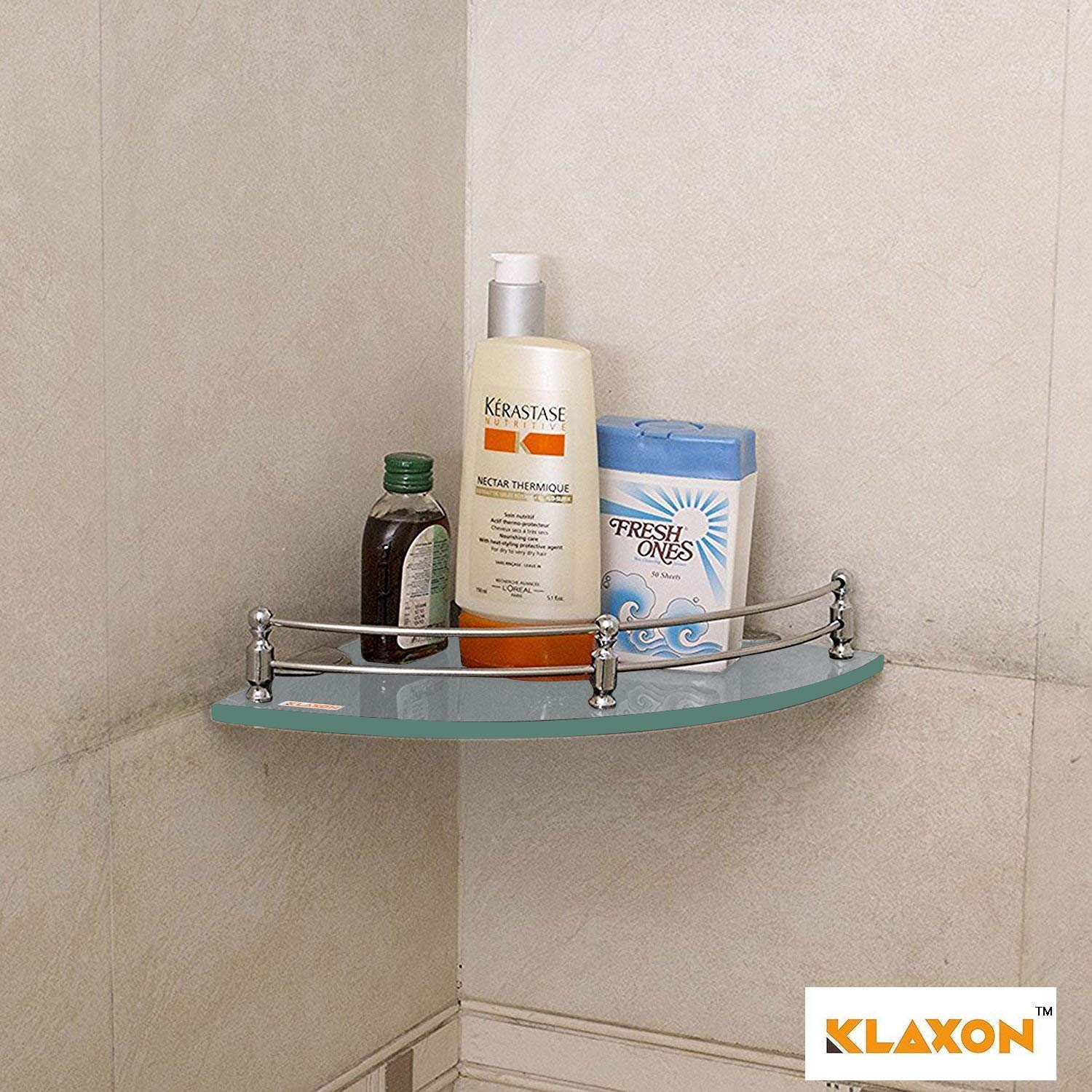 Klaxon Corner Glass Shelf - 12 * 12 Inches-Silver - Glossy