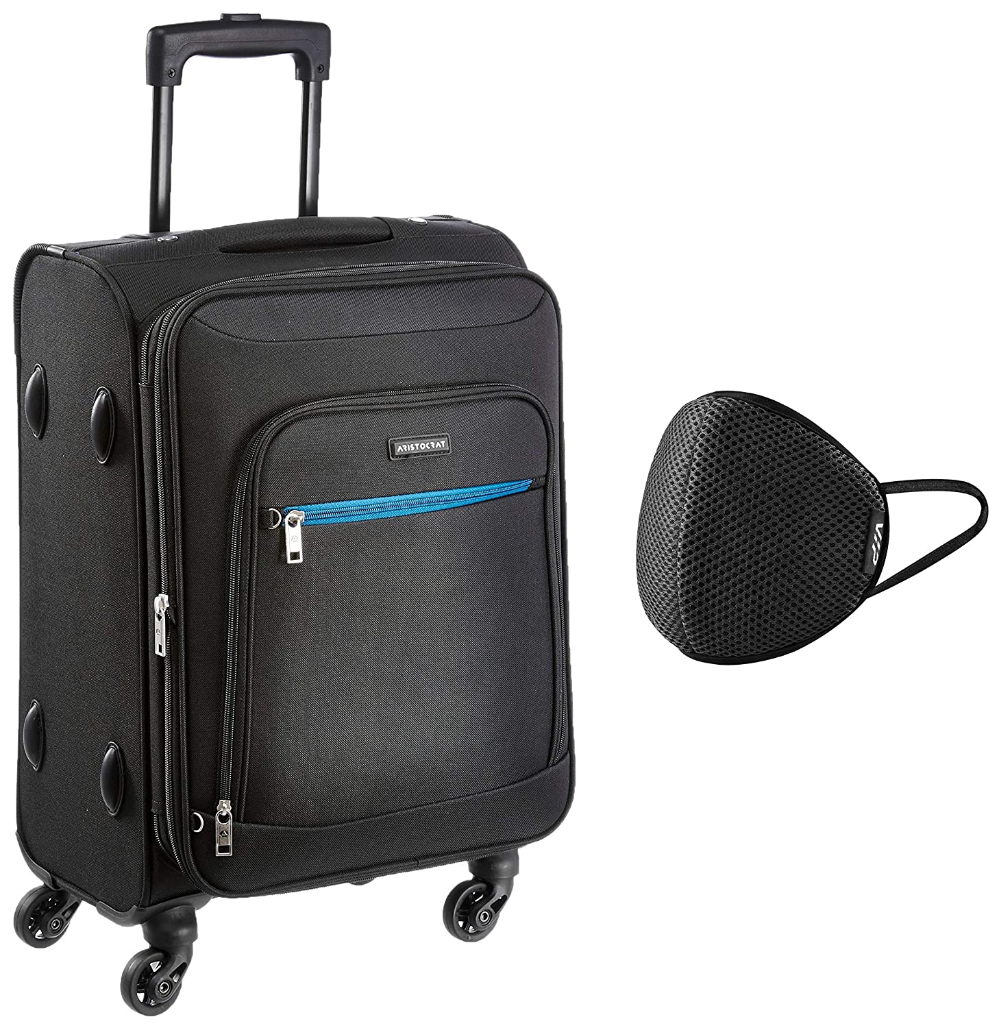 Aristocrat Nile Polyester 54 cms Black Soft Sided Carry-On (STNILW54BLK) & VIP - VSAVE 6 Layer Protective Air Mesh Large Size Mask
