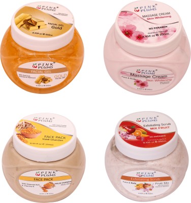 PINK PLUMS Gold Face pack,Facial gel,Massage cream and Scrub  (4 Items in the set)