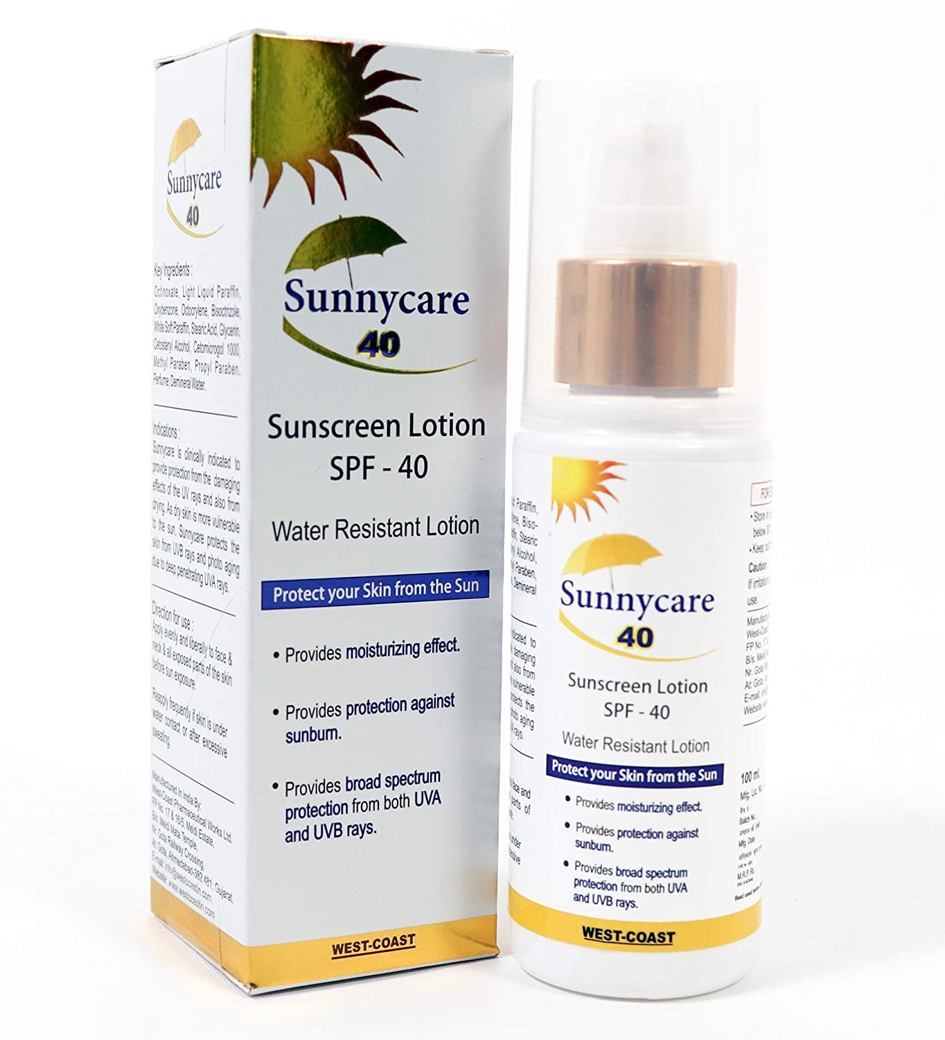 West Coast Sunnycare 40 Face and Body Water Resistant Sunscreen Lotion SPF-40 UVA/UVB Sunscreen for All Skin Types - 100 ml