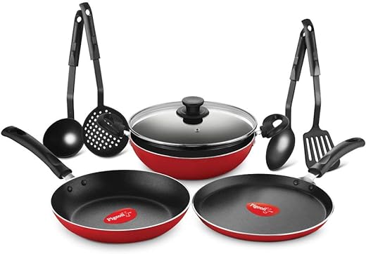 Pigeon by Stovekraft Mio Nonstick Aluminium Cookware Gift Set, Includes Nonstick Flat Tawa, Nonstick Fry Pan, Kitchen Tool Set, Kadai with Glass Lid, 8 Pieces Non-Induction Base Kitchen Set - Red