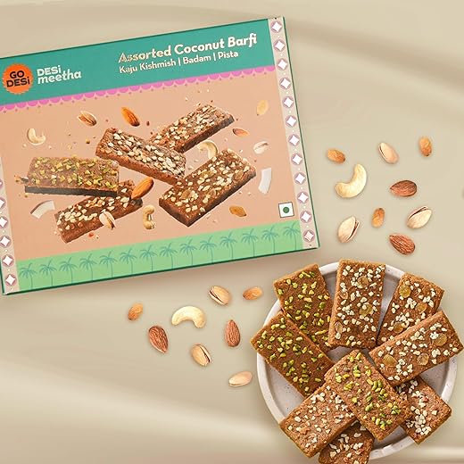 GO DESi Assorted Coconut Barfis, 200 grams burfi, Indian Sweets Gift Pack, DESi Meetha