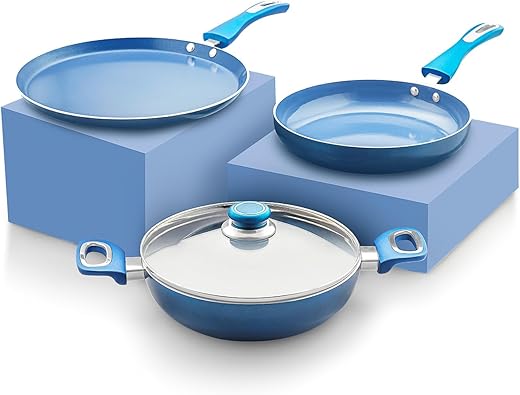 Amazon Solimo Blue Ceramic Non Stick 4 Pcs Induction Base Cookware Set (24cm Fry Pan, 24 cm Kadai, 28cm Tawa, with 1 Common Lid)