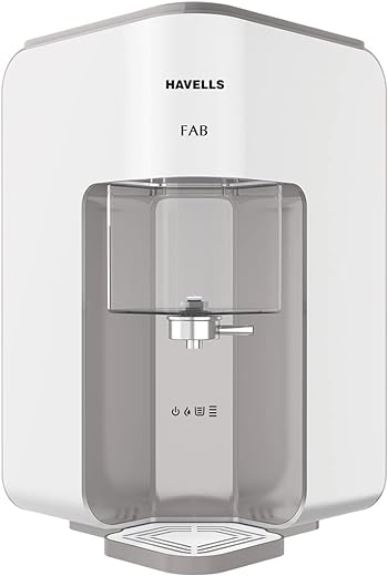 Havells Fab Water Purifier (White &amp; Grey), RO+UV, Filter alert, Patented corner mounting, Copper+Zinc+pH Balance+Minerals