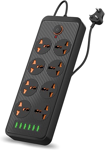 Portronics Power Plate 7 with 6 USB Port + 8 Power Sockets Extension Board Multi Plug with 2500W, 3Mtr Cord Length, 2.1A USB Output(Black)