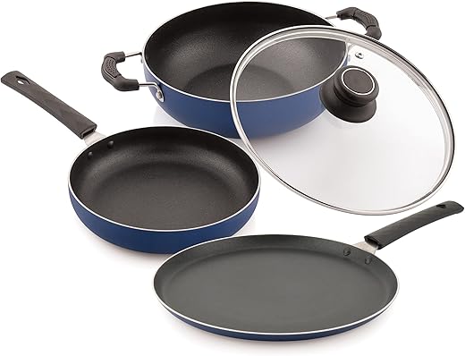 Attro Aluminium Imperial 4Pcs Non Stick Combo Kitchen Induction and Gas Compatible Cookware Set Kadai, Fry Pan, Dosa Tawa &amp; 1 Glass Lid- Indigo Blue Matt