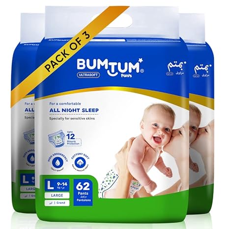 Bumtum Baby Diaper Pants, Large/l Size, 186 Count, Double Layer Leakage Protection Infused with Aloe Vera