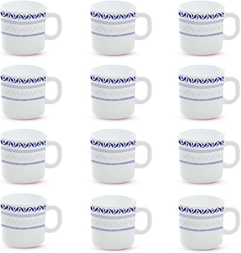 Larah by BOROSIL Jazzblue Opalware Mug, Set of 12 Tea/Coffee Mugs, 180 ml