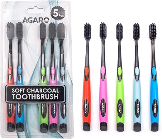 AGARO Charcoal Manual Toothbrush, Gentle Soft, Teeth Whitening Family Pack of 5, Mix Colour