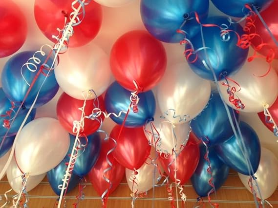 AMFIN® 10 Inch (Pack of 50) Metallic Balloons Blue, White &amp; Red 