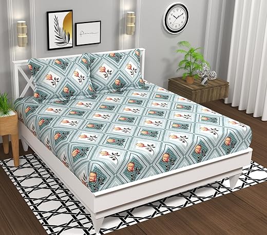 BSB HOME Microfiber 144 TC Aspire 3.O Collections Soft Breathable Wrinklefree Floral Printed Double Bedsheets with 2 Pillow Covers, Color Grey &amp; Green