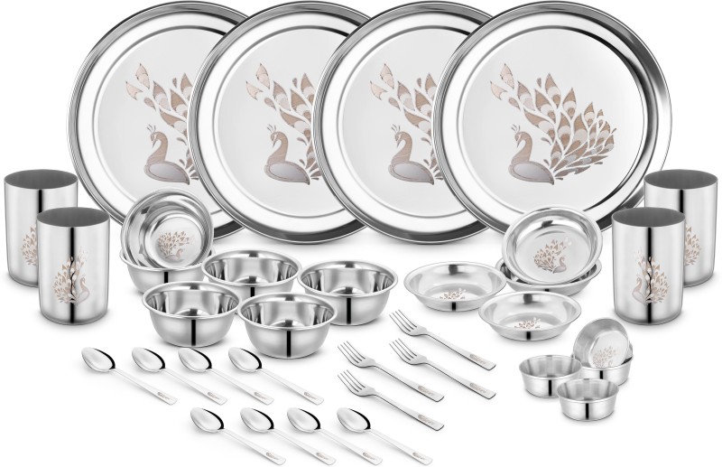 Classic Essentials Pack of 32 Stainless Steel Peacock Lazer Design Stainless Steel Heavy Gauge Dinner Set Shagun|Bartan Set Dinner Set 