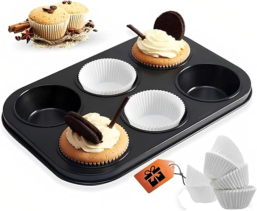 CURATED CART Cup Cake Mould for Baking | Muffin Tray with 100 Muffin Liners- SGS Certified Bakeware for Making Cupcakes - OTG, Microwave &amp; Dishwasher Safe (6 Cavity - 1 Pc)