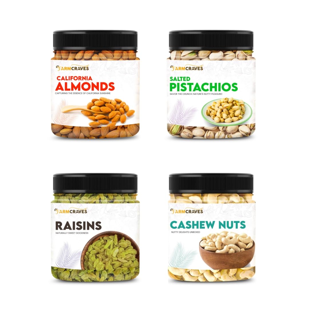 FARMCRAVES Premium Dry Fruits Combo Pack (1 Kg) | Whole Almond (250g) + Cashew (250g) + Raisin (250g) + Salted Pistachios (250g)