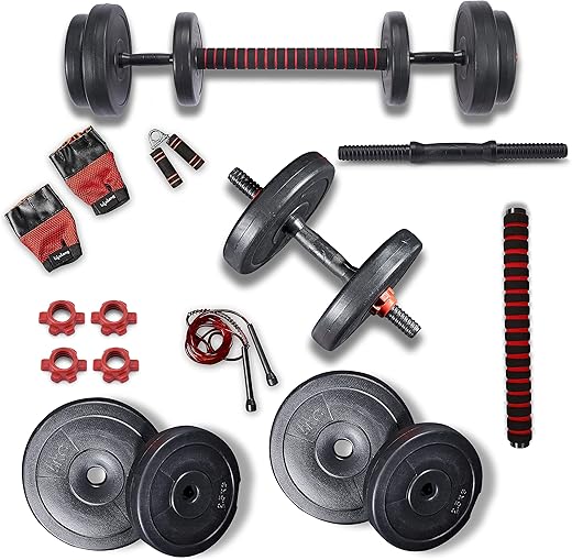 Lifelong LLPVCHGC06 PVC Home Gym Set 20kg Plate with Extension Barbell Rod and Dumbbells Rods with Gym Accessories for Home Workouts 