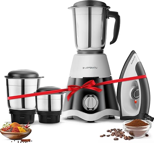 Longway Super Dlx 700 Watt Mixer Grinder with 3 Jars for Grinding, Mixing with Powerful Motor &amp; Kwid 1100 Watt Dry Iron