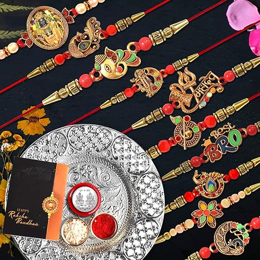 Oblivion Rakhi for Brother Set of 10 with Dish, Silver Coin &amp; Greeting Card, Rakhi for Brother (K10_MC56_DS)
