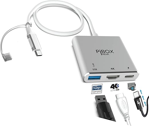 PiBOX India USB C to HDMI Adapter HDCP SUPPORT Aluminium Type C USB hub 3.1 to HDMI 4K/USB 3.0/USB C 3 in 1 Converter Cable Charging Port Adapter -MacBook and Samsung Galaxy S9/S10/Note8/Note9 DEX