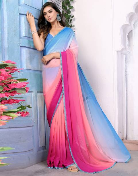 AVANTIKA FASHION Printed, Embellished, Solid/Plain Bollywood Georgette, Art Silk Saree  (Multicolor)
