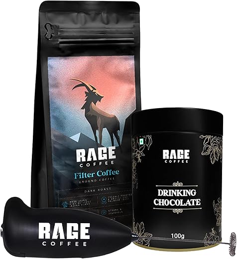 Rage Coffee South Indian Filter Coffee Powder (250g) + Drinking Chocolate Powder (100g) Bundle with Frother