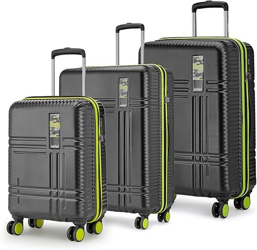 Safari Zany Recessed Tsa Lock, 8 Wheels, Hardside (Cabin &amp; Check-in) Polycarbonate Trolley Spinner Luggage Set of 3, Black Color 55Cm, 67Cm &amp; 78Cm, Small, Medium, Large