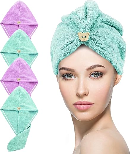 Story@Home, Microfiber Hair towel wrap, Hair towel, Hair drying bathrobe, towel cap SET of 4