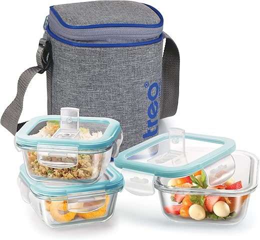 Treo by Milton All Fresh Square Glass Tiffin Containers With Insulated Jacket, 3 Containers, 320 ml Each, Grey | Microwave Safe