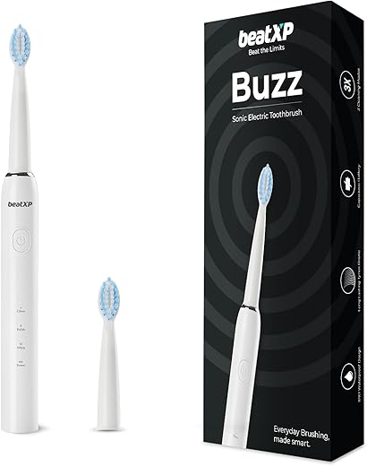 beatXP Buzz Electric Toothbrush for Adults with 2 Brush Heads &amp; 3 Cleaning Modes|Rechargeable Electric Toothbrush with 2 Minute Timer &amp; Quadpacer|19000 Strokes