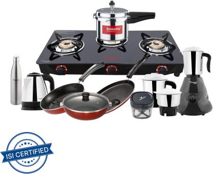 Butterfly Family Kitchen 9pcs Set Glass Manual Gas Stove  (3 Burners)