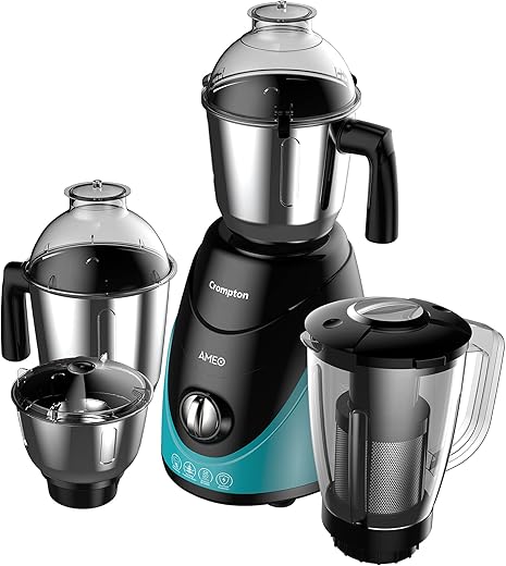 Crompton Ameo 750-Watt Mixer Grinder with MaxiGrind and Motor Vent-X Technology (3 Stainless Steel Jars and 1 Juicer Jar, Black &amp; Green) (AMEO-4JARS)