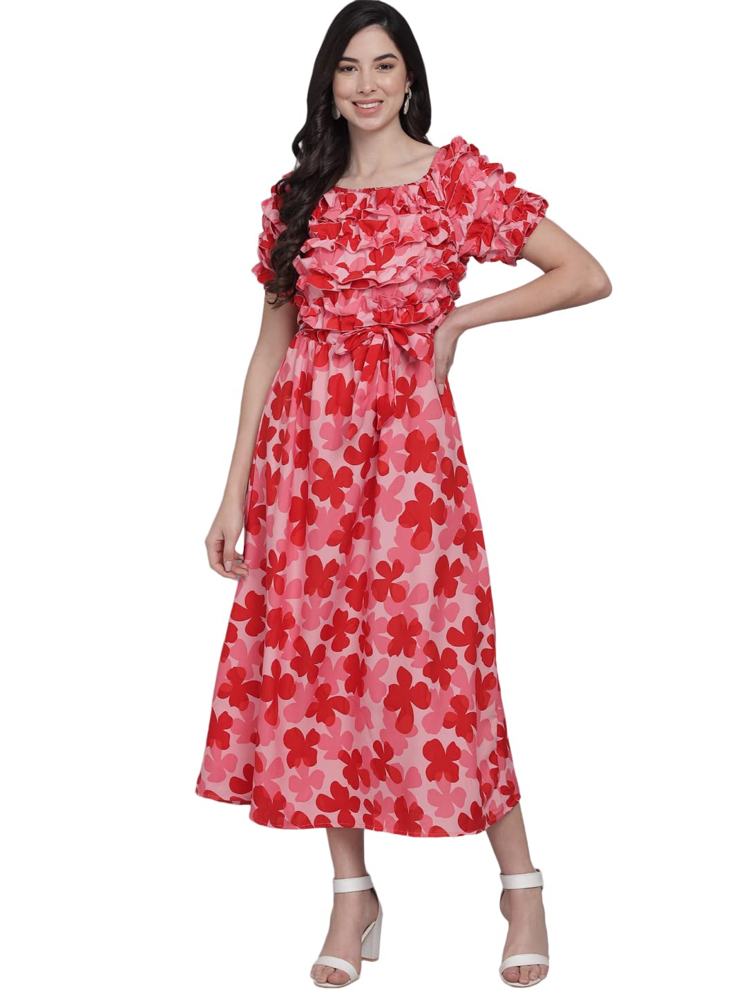 FUNDAY FASHION Women Frill Maxi Dress/Women's Synthetic A-Line Floral Maxi Dress