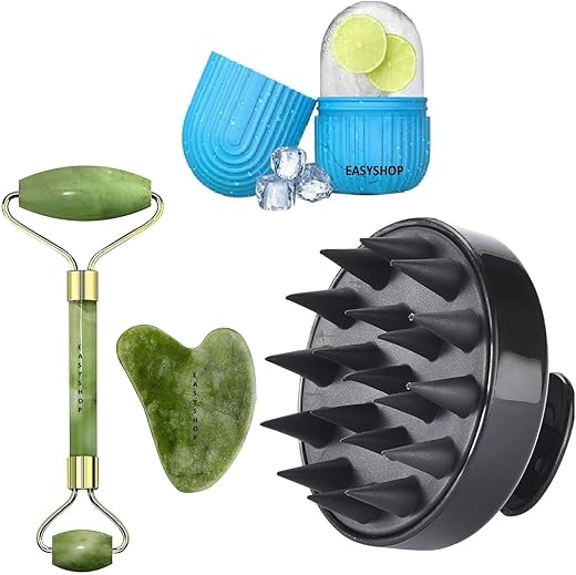 GUFFI Facial Massager Jade Roller &amp; Gua Sha Tool Natural Himalayan Stone For Face Neck Healing Skin Wrinkles &amp; Serum Application Hair Scalp &amp; Ice Massager Combo Offer (Multy Coloured) By Easyshop