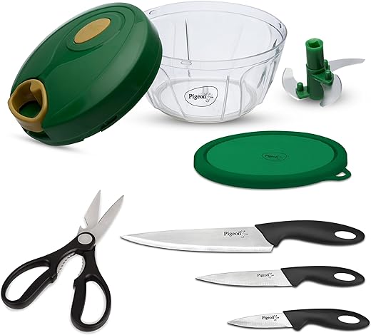 Pigeon by Stovekraft kitchen tools value combo (400ml chopper &amp; storage, 3 knives set, 1 Kitchen scissor)
