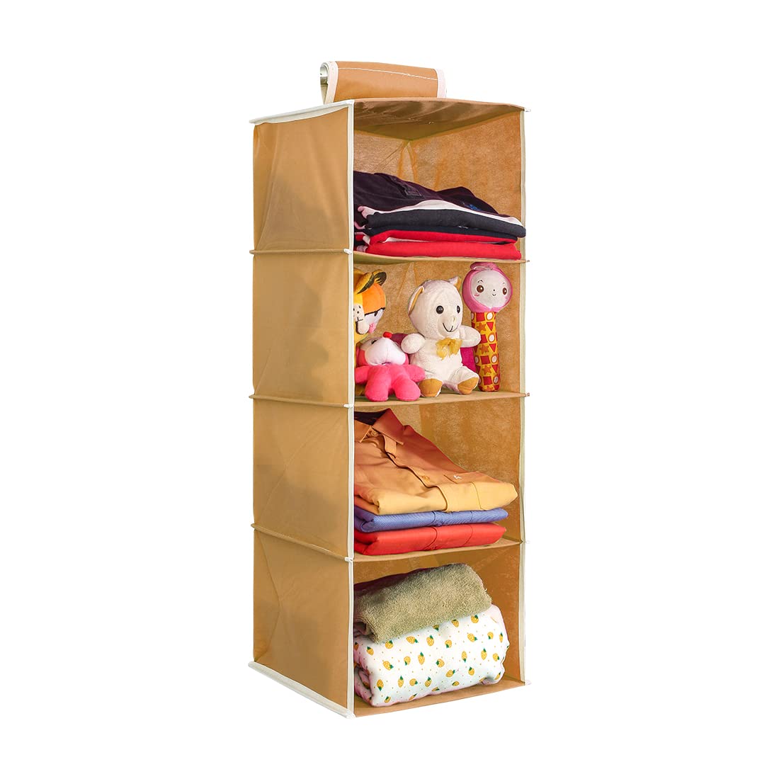PrettyKrafts Clothes Hanging 4 Shelf Organizer, Wall Hanging Organiser, Compartment Clothes Storage Wardrobe Organizer, Non Woven Fabric + Engineered Wood Inside, Foldable Closet Organizer, Beige
