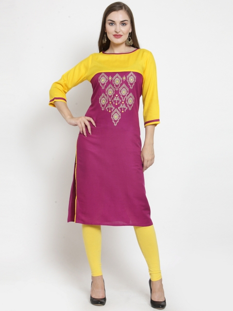 WESTCLO Women Magenta &amp; Yellow Embroidered Straight Kurta