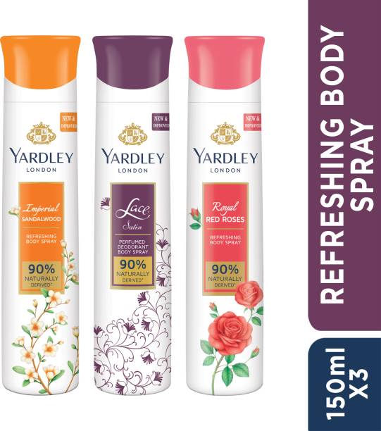 Yardley London Lace Satin, Imperial Sandalwood, and Royal Red Roses Refreshing Body Spray - For Women  (450 ml, Pack of 3)