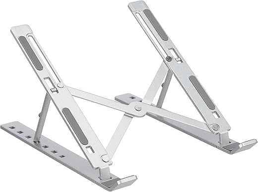 amazon basics Tabletop Laptop Stand, Ergonomic Adjustable &amp; Ventilated Metal Riser Holder for Desk Fits Upto 15.6 Inch Laptops (Silver)
