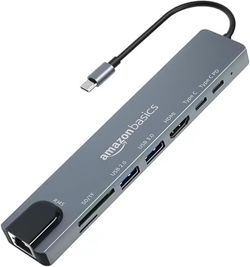 Amazon Basics USB hub 3.0 for Type-c Port,8 in 1 Adapter for pc Accessories with USB-C 4K HDMI SD/TF Ethernet Adaptor