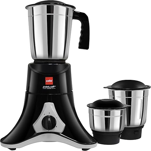 Cello Crown Grind-N-Mix Mixer Grinder 500Watt with 3 Stainless Steel Jars, Black