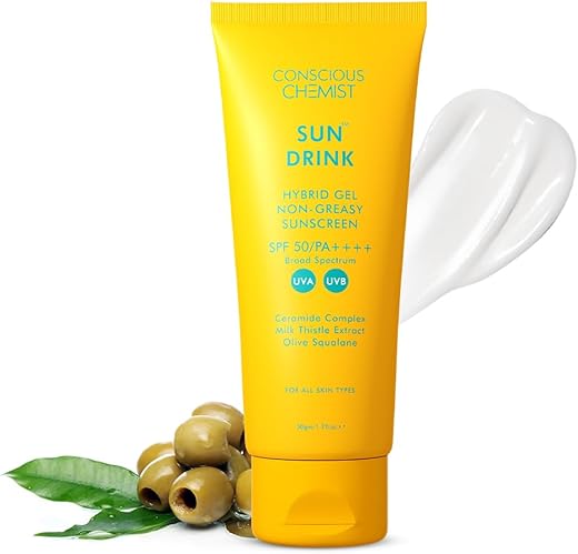 Conscious Chemist® Sunscreen SPF 50 PA++++ | 50g | Sun Cream with Hyaluronic Acid, Ceramides, Milk Thistle Extract &amp; Olive Squalane, Sunscreen for Oily Skin, Gel Sunscreen, All Skin Types - Sun Drink