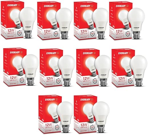 Eveready 12W Led Light Bulb | High Efficiency &amp; Glare-Free Light | 4KV Surge Protection | with Wide Operating Voltage Range | 100 Lumens Per Watt | Cool Day Light (6500K) | Pack of 10 b22d