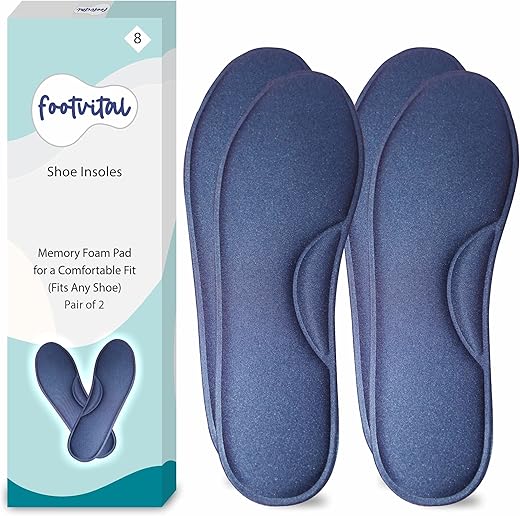 Footvital Memory Foam Shoe Insoles Comfortable Insoles Supports Heel &amp; Arch Absorbs Foot Sweat &amp; Moisture Ultra Soft Cushioned Lightweight Durable Washable Pads for Men &amp; Women Blue (2 Pair)(Size-8)