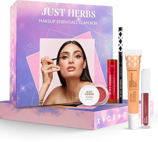 Just Herbs Makeup Glam Kit with Lip Balm, Foundation, Liquid Lipstick, Cheek Tint &amp; Kajal