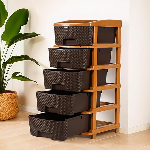 Kuber Industries 5-Layer &amp; 48 Ltr Plastic Drawer Storage Organiser | Modular Kitchen &amp; Toy Organizer For Kids Room | Chocolate Brown