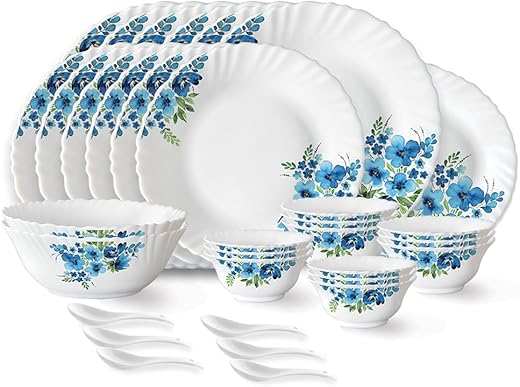 Larah by Borosil Pansy Fluted Series Opalware Dinner Set | 33 Pieces for Family of 6