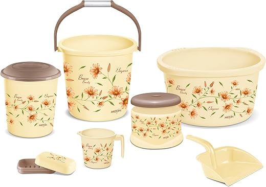 Milton Elegance Waste Paper Plastic Bath Set of 7 (Bucket, 18 litres; Deep Bucket, 20 litres; Soap Case; Mug, 1000 ml; Waste Paper bin with Lid, 7400 ml; Crown Patla; Dust pan)