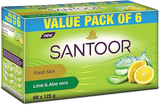 Santoor Fresh Skin Aloe Vera &amp; Lime Bathing Soap 125g, Pack of 6