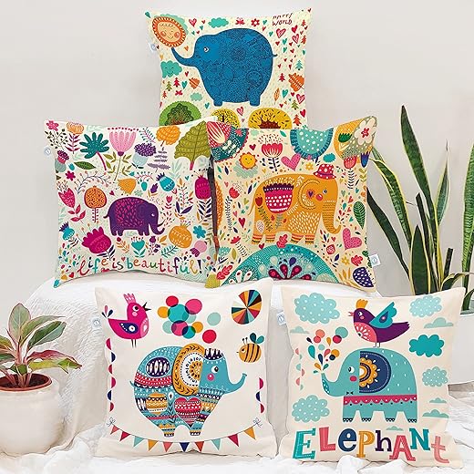 STITCHNEST Unique Cute Elephant Cartoon Blue Printed Canvas Cotton Cushion Covers, Set of 5 (12 x 12 Inches)