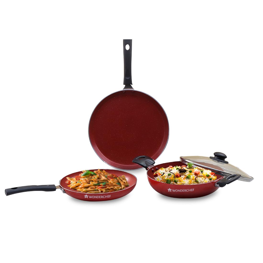 Wonderchef Valencia Non-Stick Cookware 4 Piece Set | Kadhai with Lid 24 cm, Fry Pan 24 cm, Dosa Tawa 28 cm | Cool Touch Bakelite Handles | Pure Grade Aluminium| PFOA Free