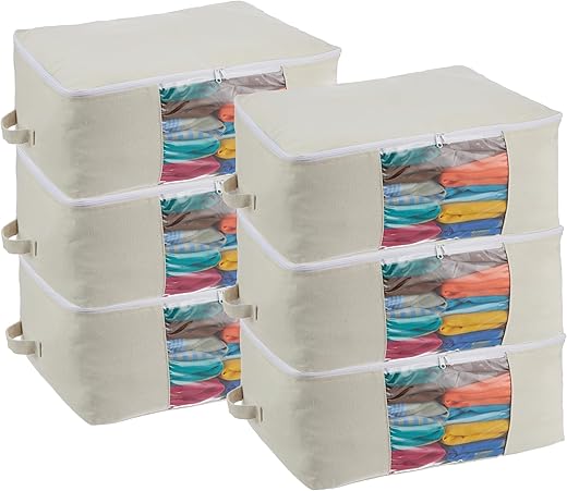 Amazon Brand - Solimo Cotton Saree Storage Bag | Breathable Canvas Material with Zip | Wardrobe Organizer (Pack of 6)